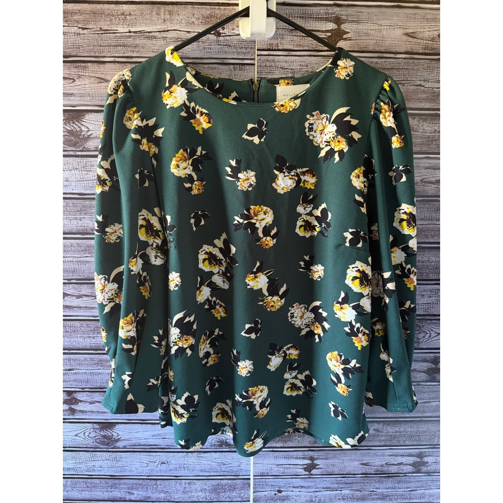 Melloday Women's Puff Sleeve Top Size L Hunter Green Floral Back Zipper